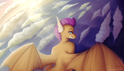 Size: 5532x3180 | Tagged: safe, artist:tsukorito, derpibooru import, smolder, anthro, dragon, cloud, dragon wings, dragoness, fangs, female, flying, horns, looking at you, smiling, solo, spread wings, wings