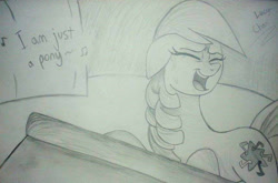 Size: 856x564 | Tagged: safe, artist:envygirl95, derpibooru import, coloratura, earth pony, pony, the mane attraction, female, gray background, grayscale, mare, monochrome, piano, rara, scene interpretation, simple background, solo, traditional art