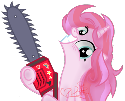 Size: 1127x914 | Tagged: safe, artist:doroshll, derpibooru import, oc, pony, unicorn, fanfic:cupcakes, base used, chainsaw, female, mare, simple background, solo, transparent background