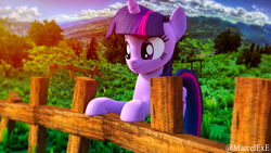 Size: 1920x1080 | Tagged: safe, artist:marcelexe, derpibooru import, twilight sparkle, twilight sparkle (alicorn), alicorn, pony, 3d, fence, solo