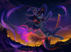 Size: 1300x940 | Tagged: safe, artist:margony, derpibooru import, oc, oc only, oc:sierra summit, bat pony, pony, bat pony oc, bat wings, broom, chest fluff, commission, digital art, female, flying, flying broomstick, hat, mare, night, one eye closed, scenery, solo, spread wings, stars, tongue out, wings, witch hat