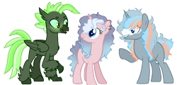 Size: 1928x922 | Tagged: safe, artist:gr0ttie, derpibooru import, oc, oc:alveolus, oc:northern skyline, oc:somber sunrise, changepony, classical hippogriff, hippogriff, hybrid, pony, unicorn, female, interspecies offspring, magical gay spawn, magical lesbian spawn, mare, offspring, parent:pinkie pie, parent:princess luna, parent:queen chrysalis, parent:shining armor, parent:stygian, parent:sunburst, parents:lunapie, parents:shining chrysalis, parents:styburst, simple background, transparent background