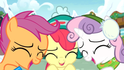 Size: 1920x1080 | Tagged: safe, derpibooru import, screencap, apple bloom, scootaloo, sweetie belle, pony, best gift ever, cute, cutie mark crusaders, earmuffs, eyes closed, female, filly, foal, snow, trio