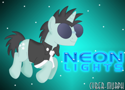 Size: 1212x872 | Tagged: safe, artist:cyber-murph, derpibooru import, neon lights, rising star, pony, unicorn, clothes, glowing text, necktie, signature, sunglasses