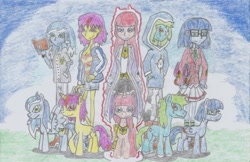 Size: 1899x1227 | Tagged: safe, artist:nephilim rider, derpibooru import, oc, oc:aurelia (hybrid), oc:destiny silent, oc:hera spellstrike, oc:phantom mist, oc:sky shield (hybrid), nephilim, traditional art