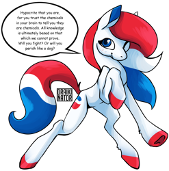 Size: 1280x1294 | Tagged: safe, artist:draikinator, derpibooru import, oc, oc only, earth pony, pony, cutie mark, dialogue, female, looking at you, mare, one eye closed, pepsi pony, rearing, simple background, solo, speech bubble, transparent background, will you fight? or will you perish like a dog?, wink