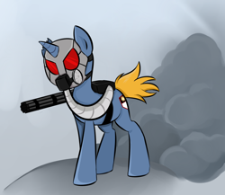 Size: 880x764 | Tagged: safe, artist:jessy, derpibooru import, oc, oc only, pony, unicorn, gas mask, mask, minigun, solo