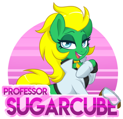 Size: 986x954 | Tagged: safe, artist:sickly-sour, derpibooru import, oc, oc:professor sugarcube, earth pony, pony, clothes, collar, gloves, goggles, lab coat, looking at you, open mouth, professor, scientist, solo, text, yellow hair