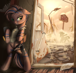 Size: 1700x1623 | Tagged: safe, artist:lightly-san, derpibooru import, oc, oc only, pony, fallout equestria, bipedal, commission, door, gun, hiding, raider, silhouette, solo focus, wasteland, weapon