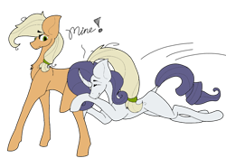 Size: 1000x700 | Tagged: safe, artist:foxytthepiratefoxgir, artist:icey-wicey-1517, color edit, derpibooru import, edit, mean applejack, mean rarity, earth pony, pony, unicorn, collaboration, the mean 6, butt grab, butt touch, clone, colored, curved horn, eyes closed, female, grope, horn, hug, leaping, lesbian, mare, mean rarijack, mine, shipping, simple background, transparent background