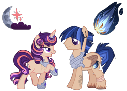 Size: 2384x1716 | Tagged: safe, artist:owl-clockwork, derpibooru import, oc, oc:moonlit star, oc:tiger comet, pegasus, pony, unicorn, armor, base used, brother and sister, ear piercing, earring, female, hoof shoes, horn jewelry, jewelry, lidded eyes, male, mare, offspring, parent:flash sentry, parent:twilight sparkle, parents:flashlight, piercing, raised hoof, reference sheet, siblings, simple background, stallion, transparent background, unshorn fetlocks, watermark
