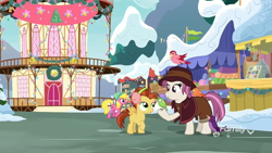 Size: 1280x720 | Tagged: safe, derpibooru import, screencap, cherry berry, constance, heartfelt song, hyper sonic, lemon crumble, bird, pegasus, pony, best gift ever, colt, discovery family logo, earmuffs, female, foal, friendship student, home alone, home alone 2: lost in new york, kevin mccallister, male, mare, parody, pigeon lady, ponyville, ponyville town hall, raised hoof, snow, town hall