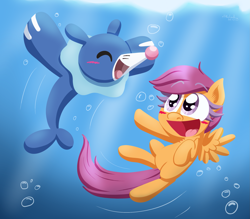 Size: 2285x2000 | Tagged: safe, artist:alittleofsomething, derpibooru import, scootaloo, pegasus, pony, blushing, crossover, eyes closed, female, hooves, lineless, mare, open mouth, pokémon, popplio, spread wings, underwater, wings