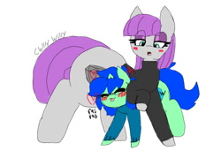 Size: 640x480 | Tagged: safe, artist:chillywilly, derpibooru import, maud pie, oc, oc:chilly willy, earth pony, pony, unicorn, alternate costumes, blushing, clothes, eyeshadow, glasses, larger female, makeup, nuzzling, simple background, size difference, sweater