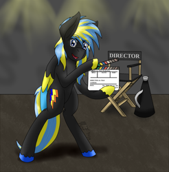 Size: 1669x1693 | Tagged: safe, artist:midnightfire1222, derpibooru import, oc, oc:arc flash, pegasus, pony, commission, director, megaphone, movie slate, movie studio, solo