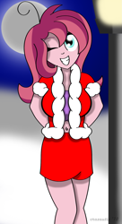 Size: 1087x2000 | Tagged: safe, artist:crazautiz, derpibooru import, oc, oc:contralto, equestria girls, belly button, christmas, equestria girls-ified, female, full moon, hands behind back, holiday, lamppost, midriff, moon, night, one eye closed, smiling, solo, wink