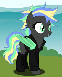 Size: 4372x5416 | Tagged: safe, artist:rainbowsurvivor, derpibooru import, oc, oc only, oc:primal screech, bat pony, pony, absurd resolution, bat pony oc, boots, bush, chest fluff, clothes, ear piercing, earring, fangs, female, grass, jacket, jewelry, leather jacket, mare, piercing, shoes, sky, solo