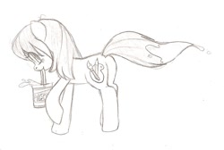 Size: 976x656 | Tagged: safe, artist:jessy, derpibooru import, oc, oc only, oc:palette swap, earth pony, pony, female, mare, monochrome, paint bucket, sketch, solo