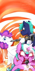 Size: 1000x2000 | Tagged: safe, artist:midnightpremiere, derpibooru import, oc, oc:blank canvas, oc:hoof beatz, oc:mane event, pony, unicorn, aggretsuko, clarinet, convention:bronycon, frog (hoof), glowing horn, magic, mascot, microphone, musical instrument, sanrio, saxophone, telekinesis, underhoof