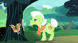 Size: 1440x808 | Tagged: safe, derpibooru import, screencap, granny smith, earth pony, pony, squirrel, pinkie apple pie, animal, female, mare, stuck, sugar pine, tree, tree sap