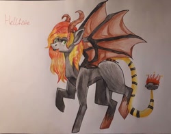 Size: 960x751 | Tagged: safe, artist:olchusia52, derpibooru import, oc, oc only, oc:hellfire (ice1517), demon, demon pony, pony, bat wings, female, horns, mare, raised hoof, solo, tongue out, traditional art, wings