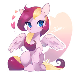 Size: 850x850 | Tagged: safe, artist:akamei, derpibooru import, oc, pegasus, pony, blushing, female, heart, mare, simple background, solo