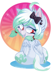 Size: 1220x1720 | Tagged: safe, artist:zombie, derpibooru import, oc, oc only, pegasus, pony, blushing, bow, cute, ear piercing, female, looking back, piercing, simple background, sitting, solo, transparent background