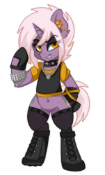 Size: 2351x3892 | Tagged: safe, artist:ciderpunk, derpibooru exclusive, derpibooru import, oc, oc only, oc:amber ironheart, pony, unicorn, belly button, boots, clothes, ear piercing, earring, gloves, jewelry, piercing, punk, shoes, standing