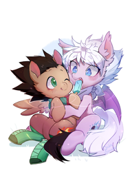 Size: 1500x1980 | Tagged: safe, artist:akamei, derpibooru import, bat pony, pegasus, pony, boots, colt, crossover, duo, food, gon freecss, hunter x hunter, killua zoldyck, male, neckerchief, ponified, popsicle, shoes, simple background, smiling