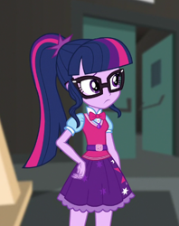 Size: 426x538 | Tagged: safe, derpibooru import, screencap, sci-twi, twilight sparkle, equestria girls, movie magic, spoiler:eqg specials, clothes, cropped, female, geode of telekinesis, glasses, magical geodes, ponytail, skirt, solo