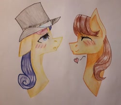 Size: 960x829 | Tagged: safe, artist:olchusia52, derpibooru import, bon bon, sweetie drops, toffee, earth pony, pony, accessory swap, blushing, bust, cute, eyes closed, female, hat, heart, lesbian, mare, open mouth, shipping, toffbon, top hat, traditional art