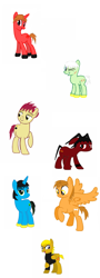 Size: 1412x3906 | Tagged: safe, artist:volcanicdash, derpibooru import, oc, oc only, oc:789, oc:cocoa, oc:dyno, oc:golden, oc:saur, oc:shade, oc:smashpro, earth pony, pegasus, pony, unicorn, series:memebusters, base used, one eye closed, sad, simple background, white background, wink