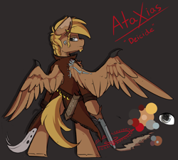 Size: 3167x2853 | Tagged: safe, artist:beardie, derpibooru import, oc, oc only, oc:ataxias deicide, anthro, pegasus, bipedal, clothes, edgy, edgy as fuck, gun, sword, weapon, wing claws