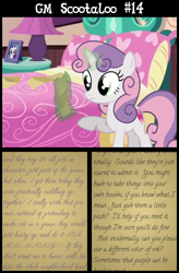 Size: 4800x7300 | Tagged: safe, artist:gm-scoots, derpibooru import, sweetie belle, comic:bleeding hearts, absurd resolution, implied scootabloom, older, shipper on deck, text