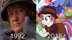 Size: 1280x720 | Tagged: safe, derpibooru import, edit, edited screencap, screencap, constance, heartfelt song, bird, earth pony, pony, best gift ever, brenda fricker, cropped, female, home alone, home alone 2: lost in new york, mare, pigeon lady