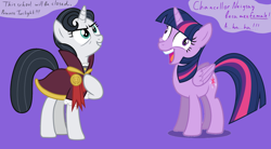 Size: 2000x1100 | Tagged: safe, artist:cloudyglow, derpibooru import, chancellor neighsay, twilight sparkle, twilight sparkle (alicorn), alicorn, pony, chancellor whinnysnort, happy, i didn't listen, image macro, laughing, rule 63, smiling, vector