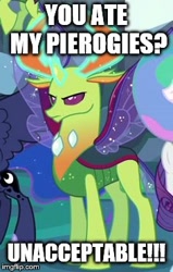 Size: 236x370 | Tagged: safe, derpibooru import, edit, edited screencap, screencap, thorax, changedling, changeling, to where and back again, angry, antlers, caption, cropped, glowing horn, image macro, imgflip, king thorax, magic, meme, pierogi, poland, text, unacceptable