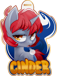 Size: 1600x2135 | Tagged: safe, artist:zombie, derpibooru import, oc, oc only, oc:cinder, pony, unicorn, badge, female, mare, open mouth, reference sheet, simple background, solo, transparent background