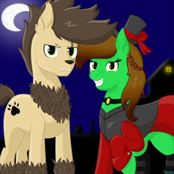 Size: 1181x1181 | Tagged: safe, artist:dyonys, derpibooru import, oc, oc only, oc:lucky brush, oc:night chaser, clothes, costume, female, male, mare, moon, nightmare night, scar, stallion