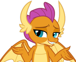 Size: 4323x3552 | Tagged: safe, artist:frownfactory, derpibooru import, smolder, dragon, what lies beneath, .svg available, dragoness, female, horns, shrug, simple background, smiling, solo, svg, transparent background, vector, wings