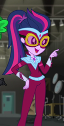 Size: 340x662 | Tagged: safe, derpibooru import, screencap, masked matter-horn, sci-twi, twilight sparkle, equestria girls, movie magic, spoiler:eqg specials, clothes, costume, cropped, female, geode of telekinesis, magical geodes, ponytail, power ponies