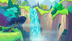 Size: 1440x811 | Tagged: safe, derpibooru import, screencap, pinkie apple pie, cliff, raft, scenery, tree, waterfall