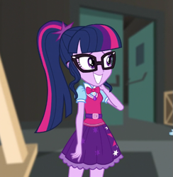 Size: 497x509 | Tagged: safe, derpibooru import, screencap, sci-twi, twilight sparkle, equestria girls, movie magic, spoiler:eqg specials, belt, bowtie, clothes, cropped, door, female, geode of telekinesis, glasses, grin, magical geodes, ponytail, skirt, smiling, solo, vest