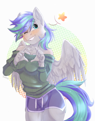 Size: 2360x3000 | Tagged: safe, artist:swoopypoolin, derpibooru import, oc, oc only, oc:storm feather, anthro, pegasus, anthro oc, blushing, clothes, female, heart, heart hands, mare, one eye closed, pictogram, rule 63, shorts, smiling, solo, sweater, wink, ych result