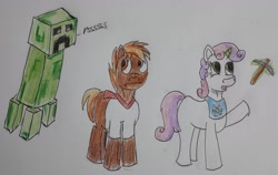 Size: 1915x1212 | Tagged: safe, artist:rapidsnap, derpibooru import, button mash, sweetie belle, pony, creeper, don't mine at night, minecraft, pickaxe, traditional art