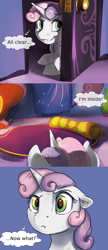 Size: 1280x2967 | Tagged: safe, artist:silfoe, derpibooru import, sweetie belle, pony, unicorn, comic, dialogue, didn't think this through, female, filly, foal, royal sketchbook, scrunchy face, sneaking, solo, thought bubble