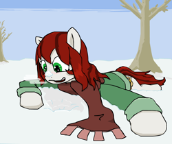Size: 920x772 | Tagged: safe, artist:redventure, derpibooru import, oc, oc only, oc:palette swap, earth pony, pony, clothes, female, mare, scarf, snow, solo, tree, visible breath