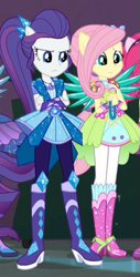Size: 293x577 | Tagged: safe, derpibooru import, screencap, fluttershy, pinkie pie, rarity, sci-twi, twilight sparkle, better together, equestria girls, super squad goals, boots, clothes, cropped, crossed arms, crystal guardian, crystal wings, duo, duo female, female, geode of fauna, geode of shielding, magical geodes, offscreen character, pants, ponied up, pony ears, shoes, skirt