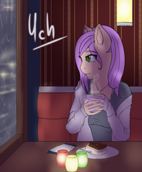 Size: 1732x2100 | Tagged: safe, artist:mintjuice, derpibooru import, anthro, advertisement, cafe, cake, candle, clothes, commission, evening, female, food, mare, mug, not fluttershy, rain, solo, street, sweater, tea, window, your character here