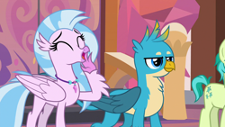 Size: 1280x720 | Tagged: safe, derpibooru import, screencap, gallus, sandbar, silverstream, griffon, hippogriff, pony, non-compete clause, cute, diastreamies, duo focus, eyes closed, female, male, noblewoman's laugh